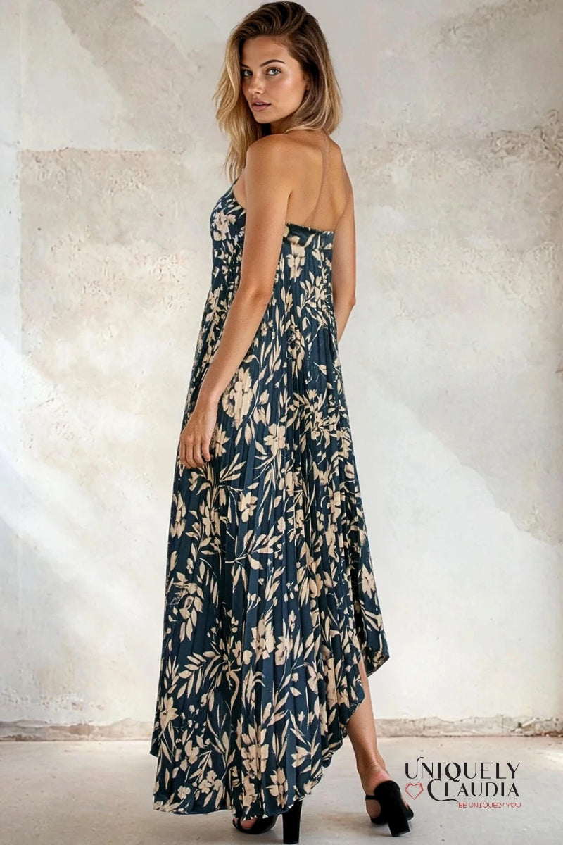 Yaneth Floral Asymmetrical Pleated Maxi Dress