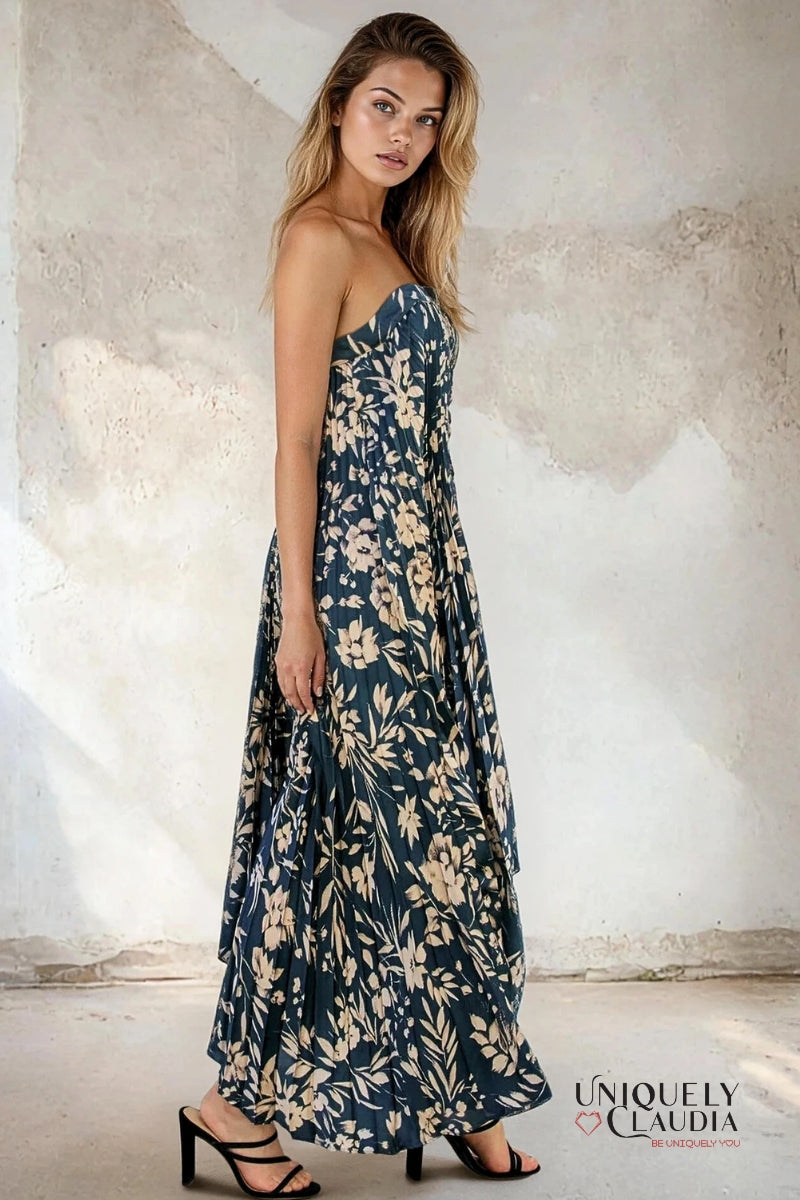 Yaneth Floral Asymmetrical Pleated Maxi Dress