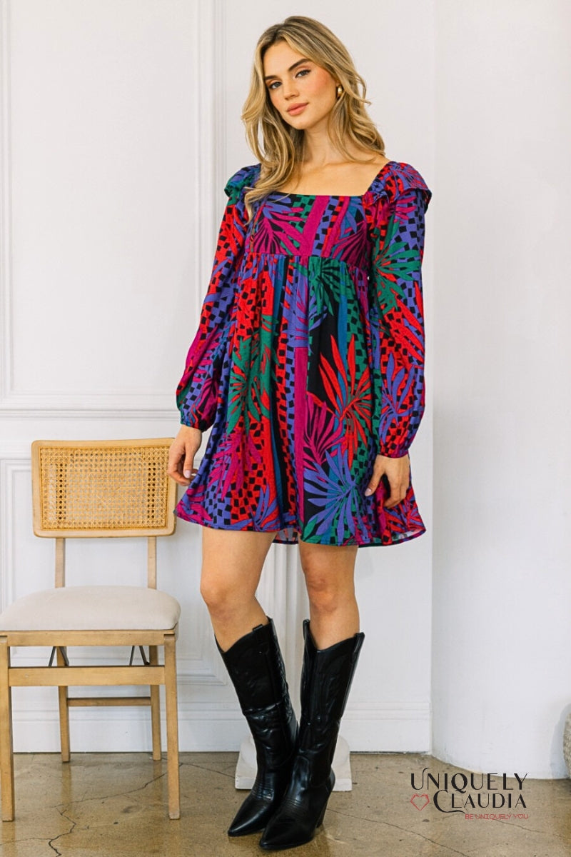 Zoe Tropical Leaves Print Babydoll Mini Dress | Uniquely Claudia Boutique