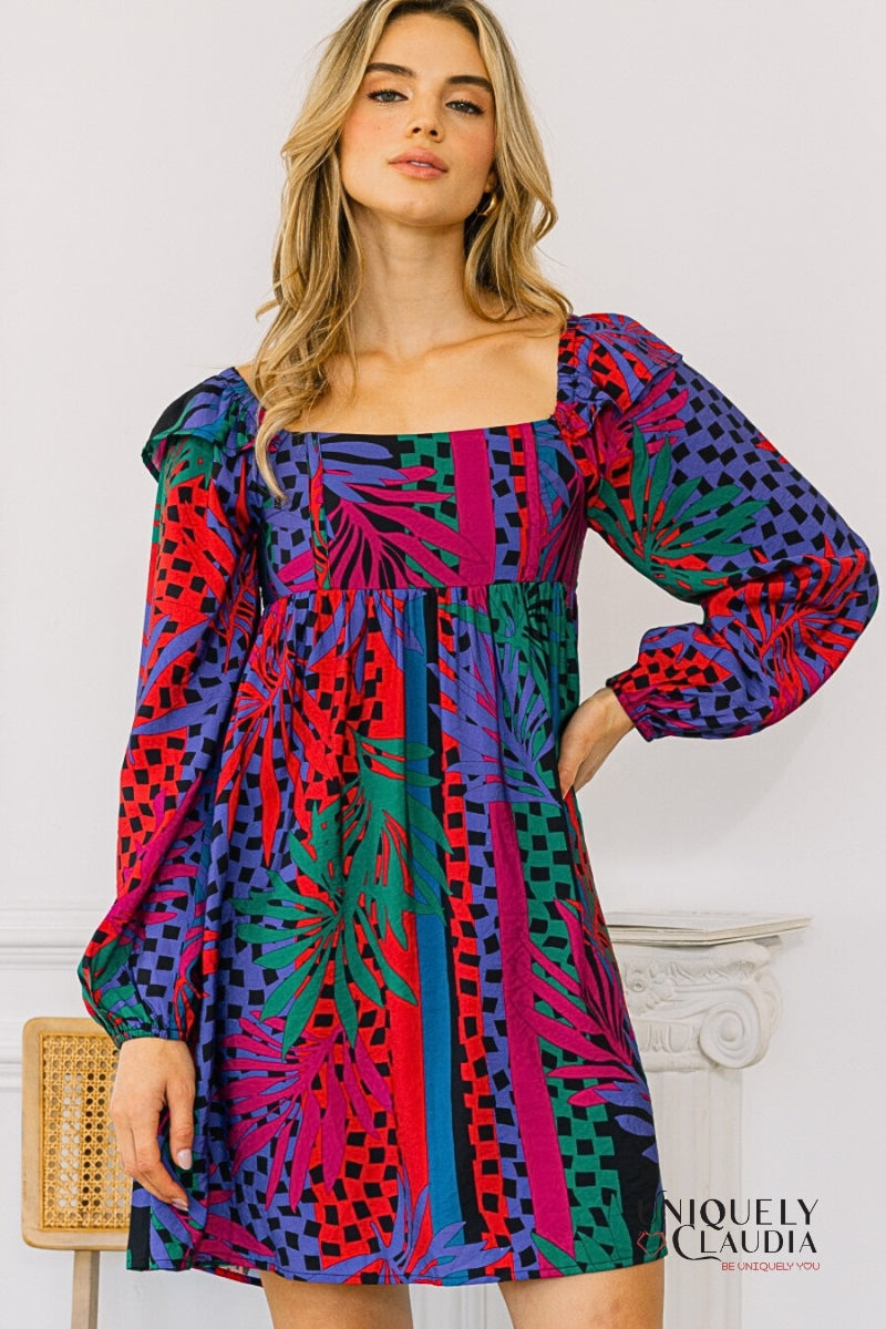 Zoe Tropical Leaves Print Babydoll Mini Dress | Uniquely Claudia Boutique
