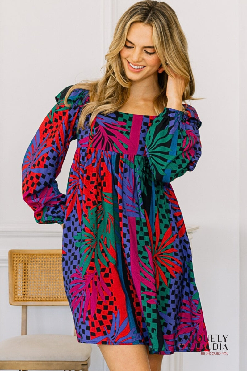 Zoe Tropical Leaves Print Babydoll Mini Dress | Uniquely Claudia Boutique