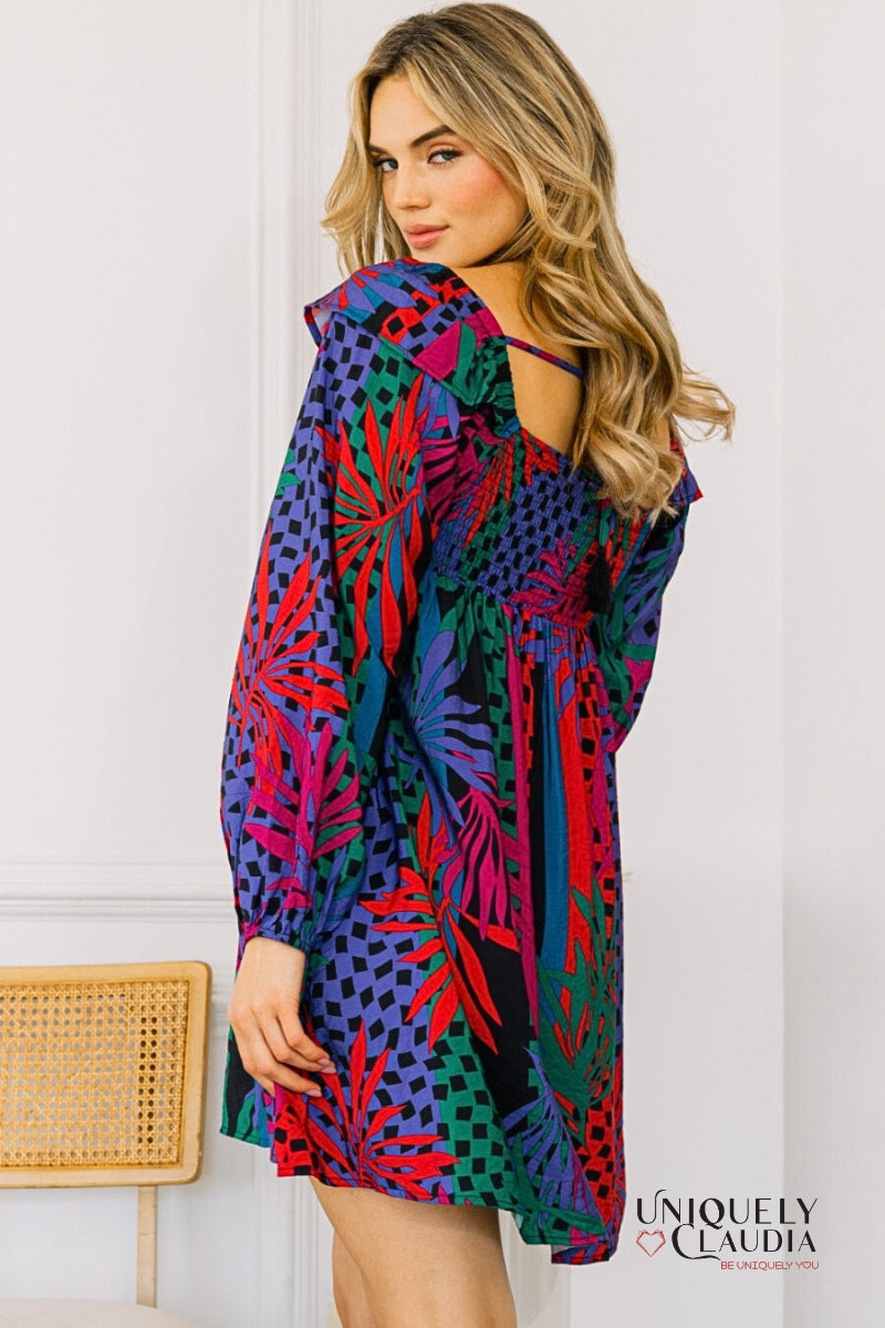 Zoe Tropical Leaves Print Babydoll Mini Dress | Uniquely Claudia Boutique