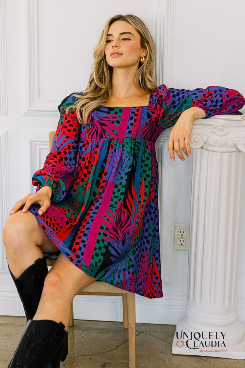 Zoe Tropical Leaves Print Babydoll Mini Dress | Uniquely Claudia Boutique