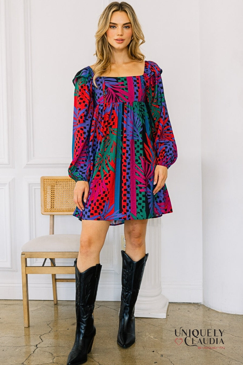 Zoe Tropical Leaves Print Babydoll Mini Dress | Uniquely Claudia Boutique