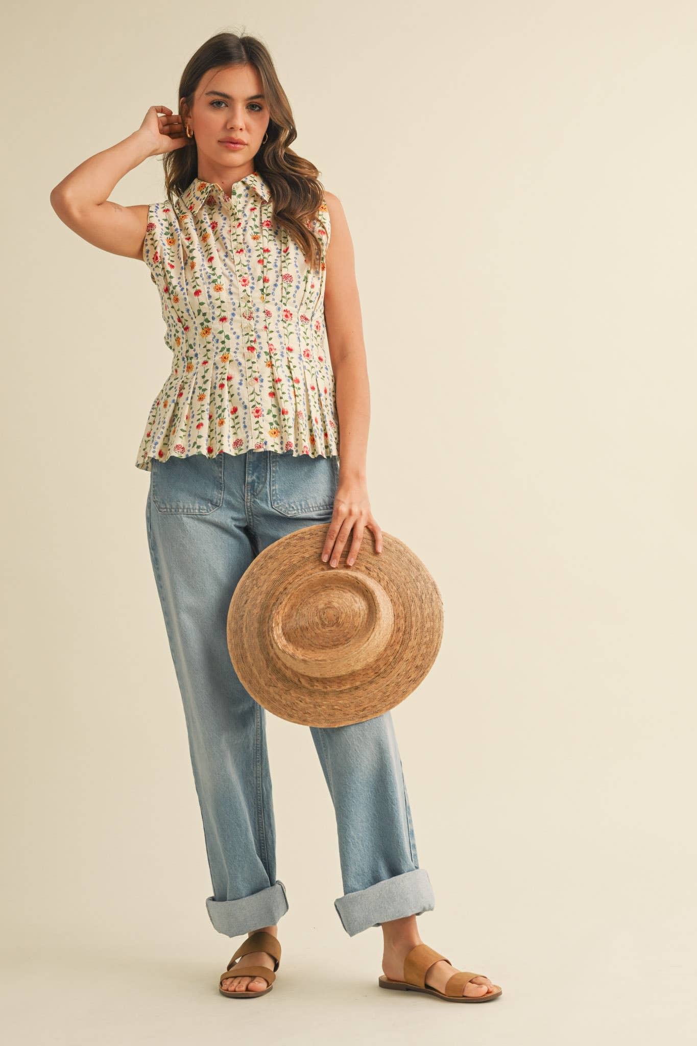 Christina Button-Down Peplum Waist Sleeveless Top - Uniquely Claudia Boutique