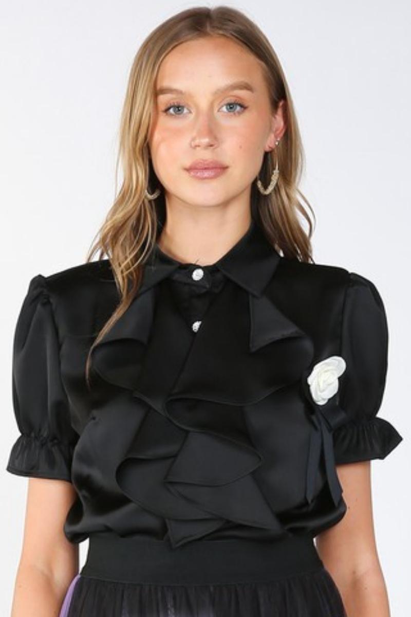 Desiree Front Ruffle & Rose Accent Satin Blouse | Uniquely Claudia Boutique