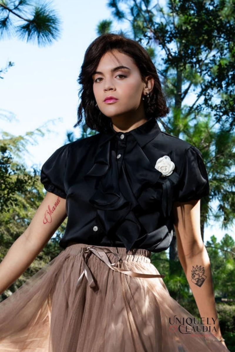 Desiree Front Ruffle & Rose Accent Satin Blouse | Uniquely Claudia Boutique