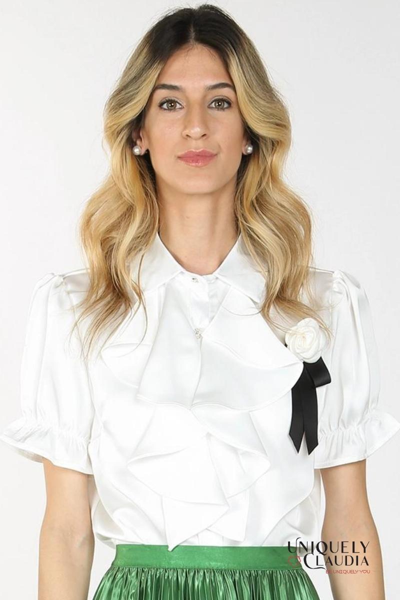 Desiree Front Ruffle & Rose Accent Satin Blouse | Uniquely Claudia Boutique