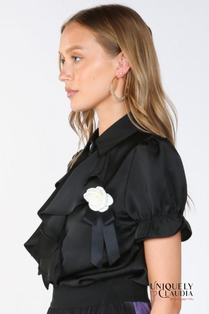 Desiree Front Ruffle & Rose Accent Satin Blouse | Uniquely Claudia Boutique