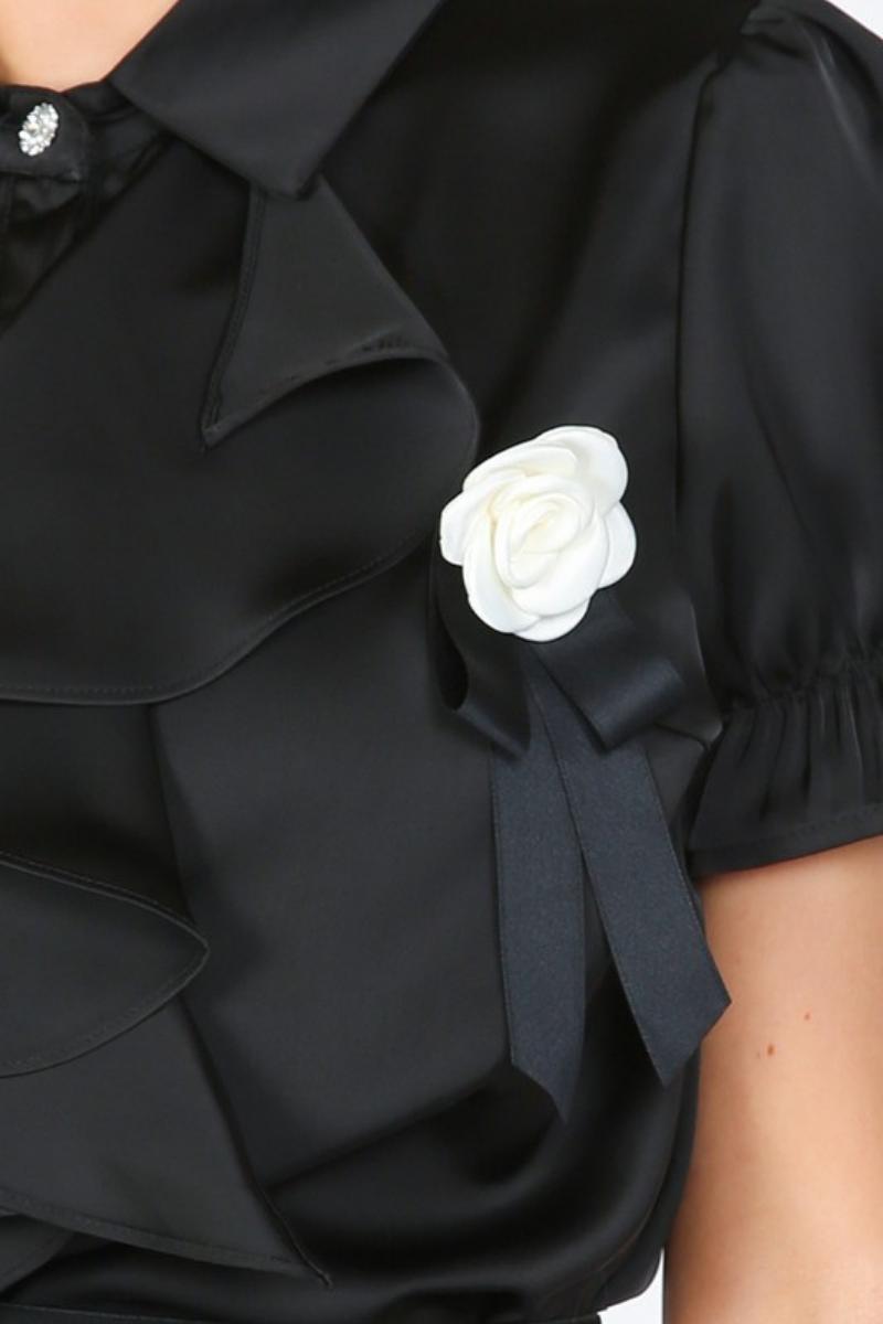 Desiree Front Ruffle & Rose Accent Satin Blouse | Uniquely Claudia Boutique