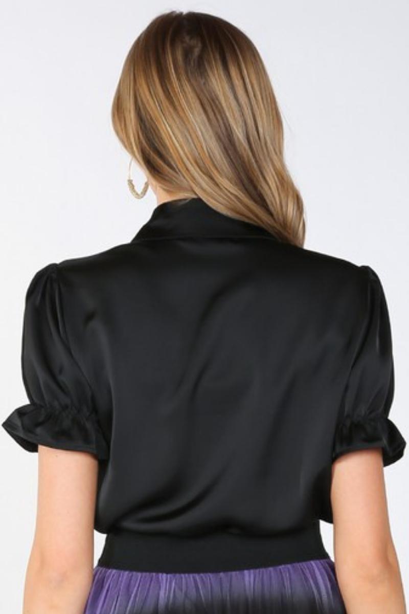 Desiree Front Ruffle & Rose Accent Satin Blouse | Uniquely Claudia Boutique