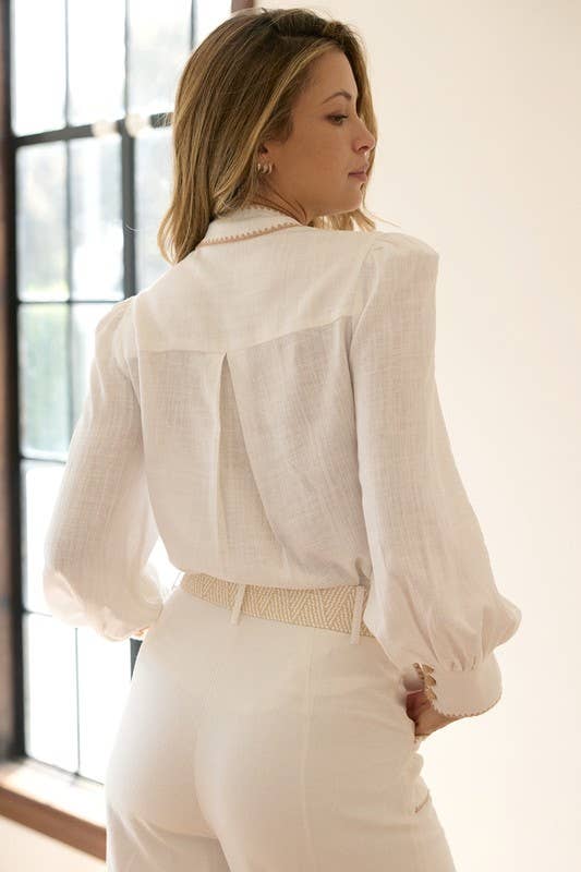 Cherine Embroidered Detail Button Down Linen Blouse With Front Tie
