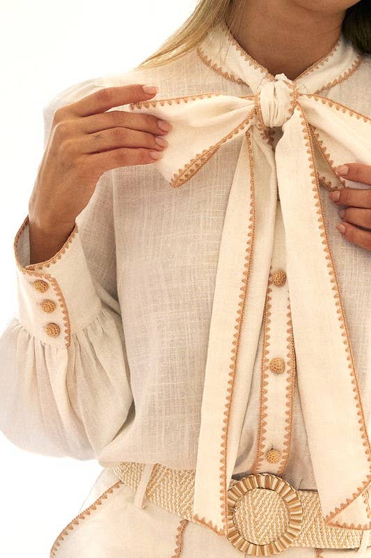 Cherine Embroidered Detail Button Down Linen Blouse With Front Tie