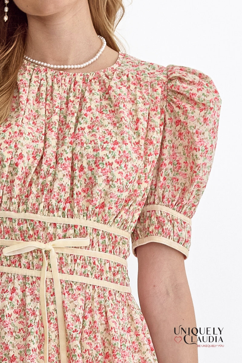 Darleen Velvet Trim Smocking Waist Mini Dress | Uniquely Claudia Boutique