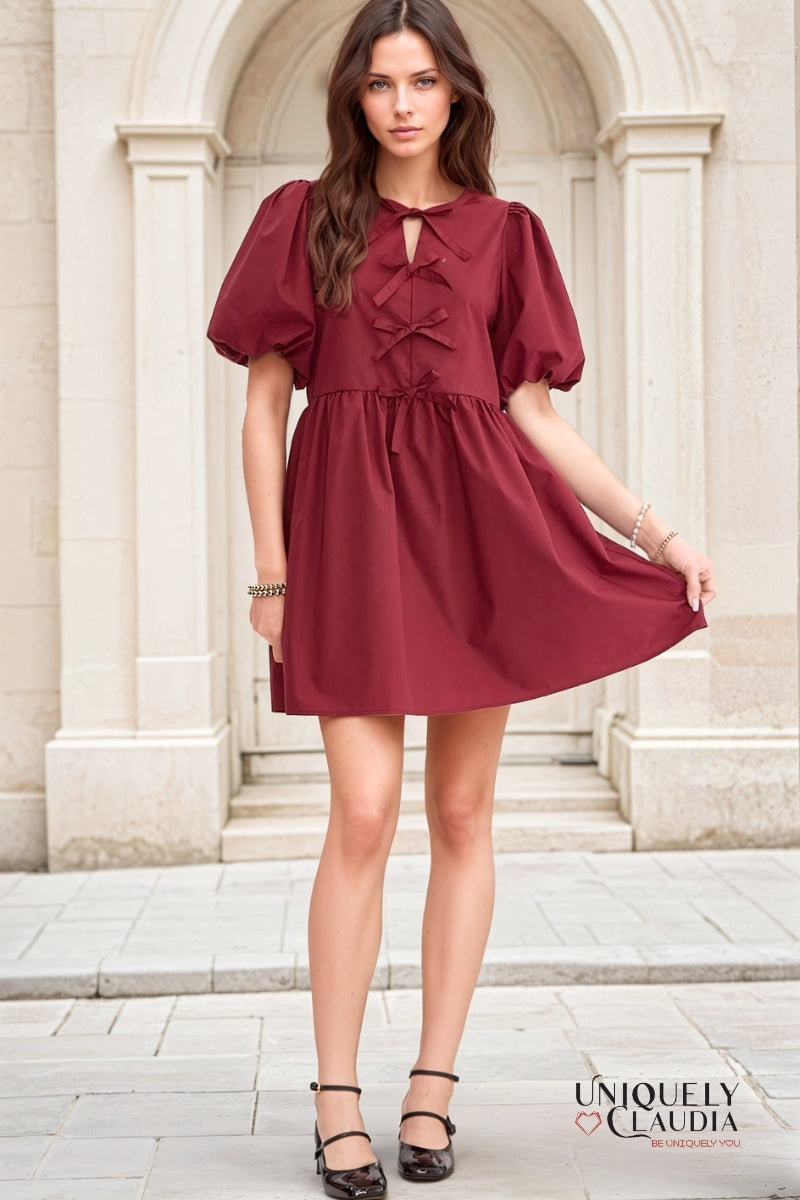 Dalila Puff Sleeves Bow Detail Mini Dress | Uniquely Claudia Boutique M / Garnet Dalila Puff Sleeves Bow Detail Mini Dress | Uniquely Claudia Boutique M / Garnet