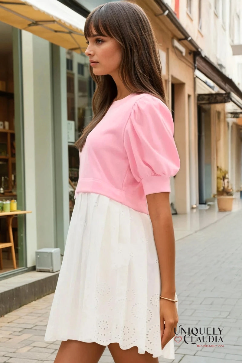 Brenda Two-Tone Pleated Eyelet Mini Dress | Uniquely Claudia Boutique