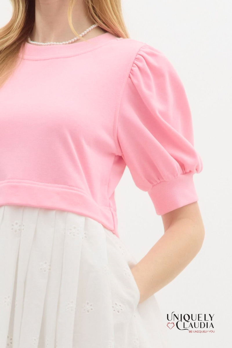 Brenda Two-Tone Pleated Eyelet Mini Dress | Uniquely Claudia Boutique