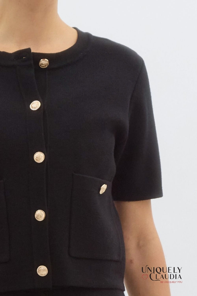 Alexandria Medallion Buttons Short-Sleeve Knit Cardigan | Uniquely Claudia Boutique