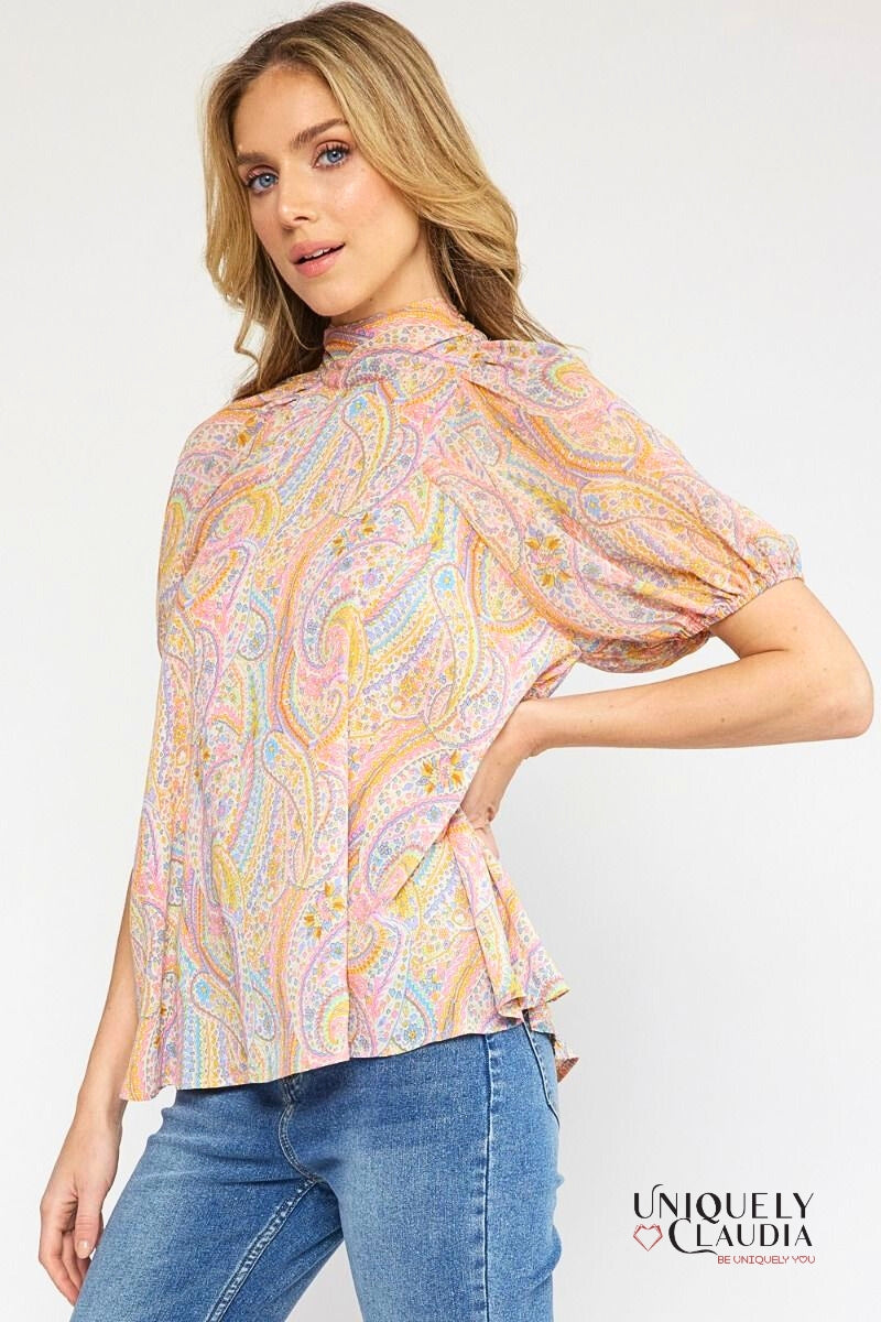 Jada High Neckline Paisley Top | Uniquely Claudia Boutique
