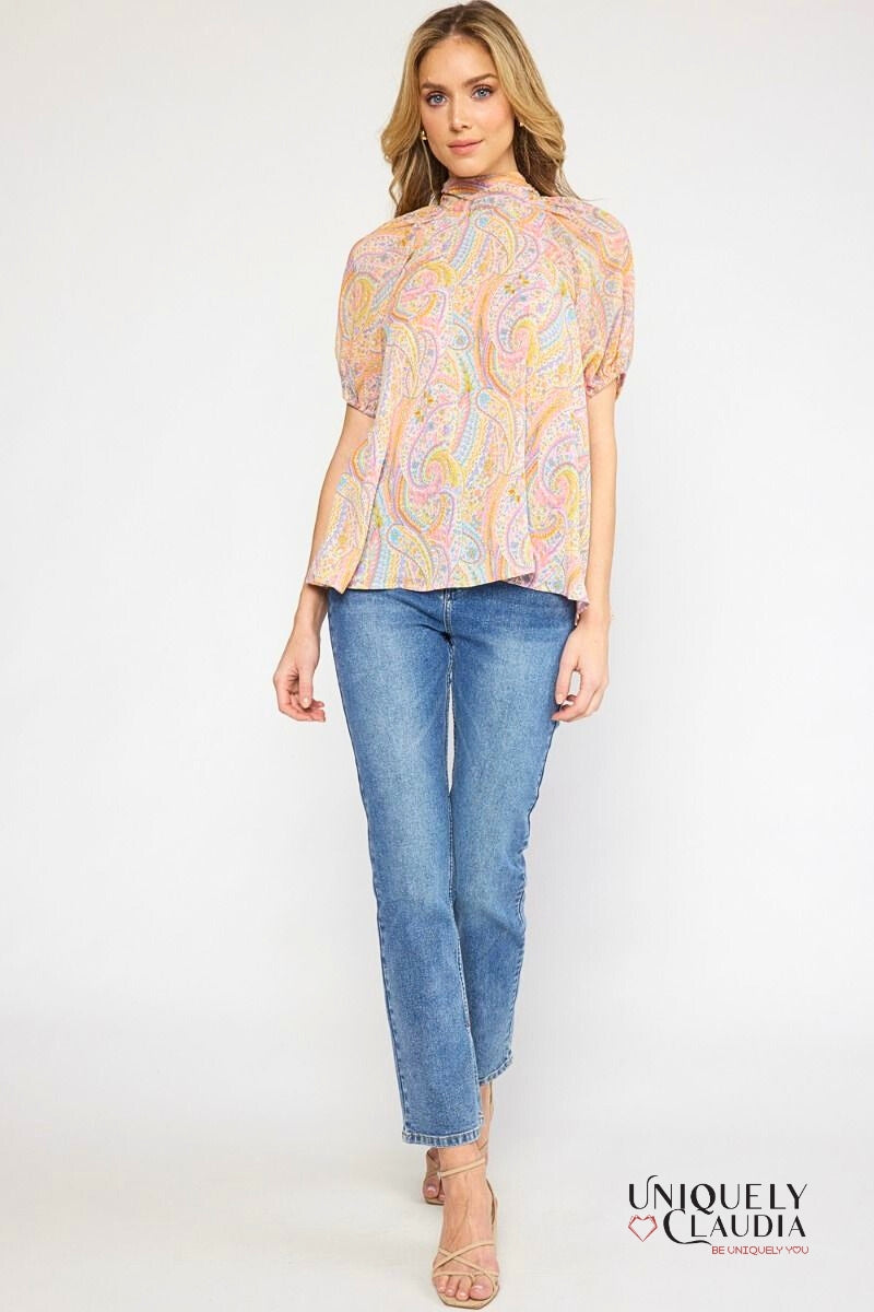 Jada High Neckline Paisley Top | Uniquely Claudia Boutique