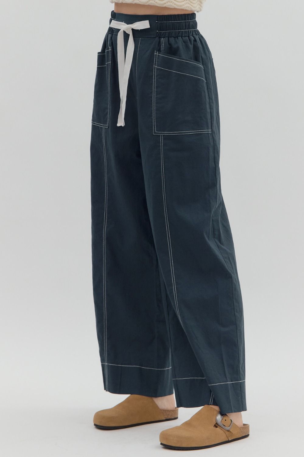 Penelope Navy High-Waist Drawstring Wide-Leg Pants - Uniquely Claudia Boutique