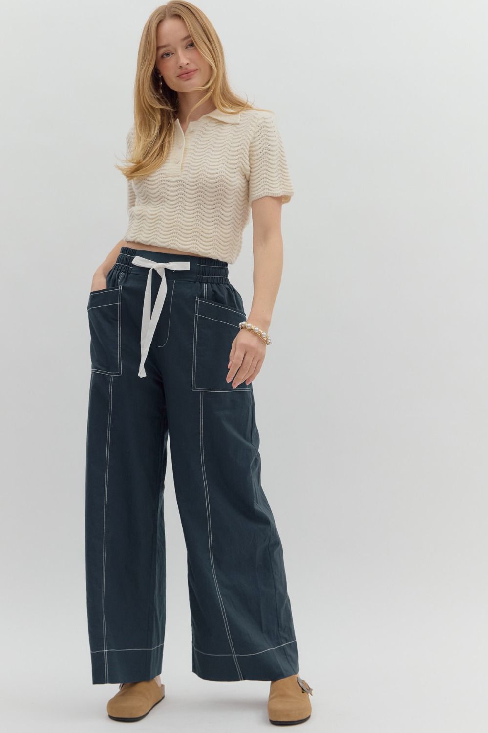 Penelope Navy High-Waist Drawstring Wide-Leg Pants - Uniquely Claudia Boutique