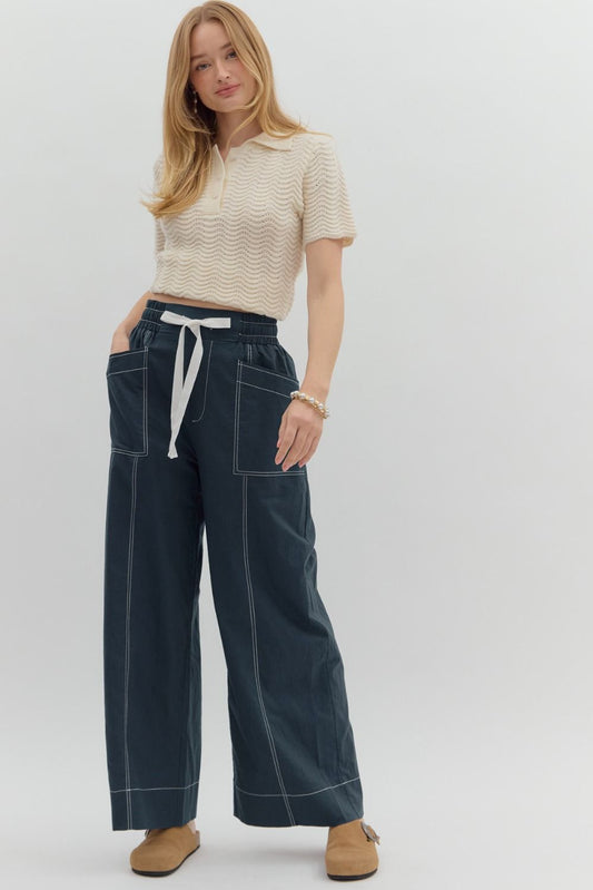 Penelope Navy High-Waist Drawstring Wide-Leg Pants - Uniquely Claudia Boutique