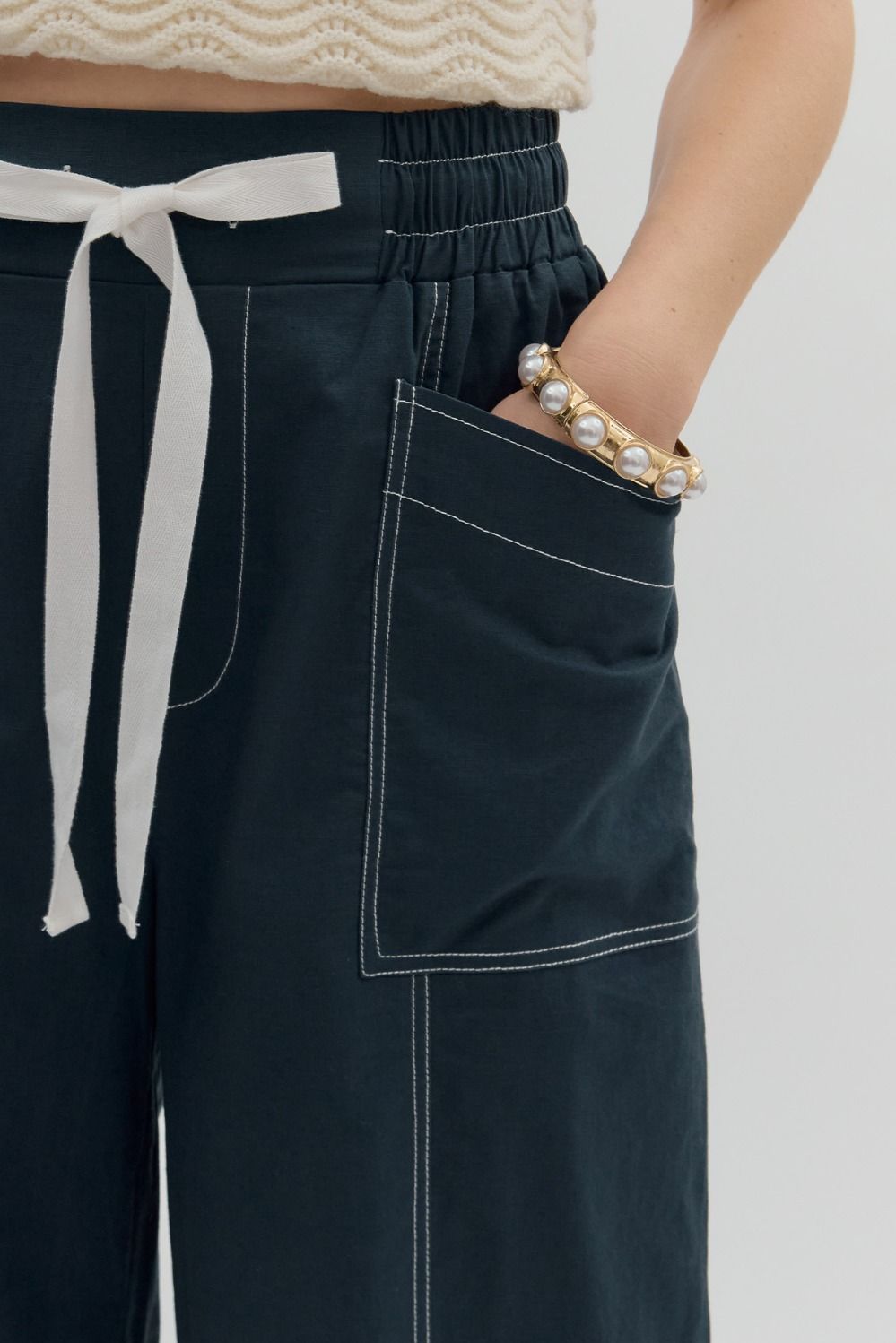 Penelope Navy High-Waist Drawstring Wide-Leg Pants - Uniquely Claudia Boutique