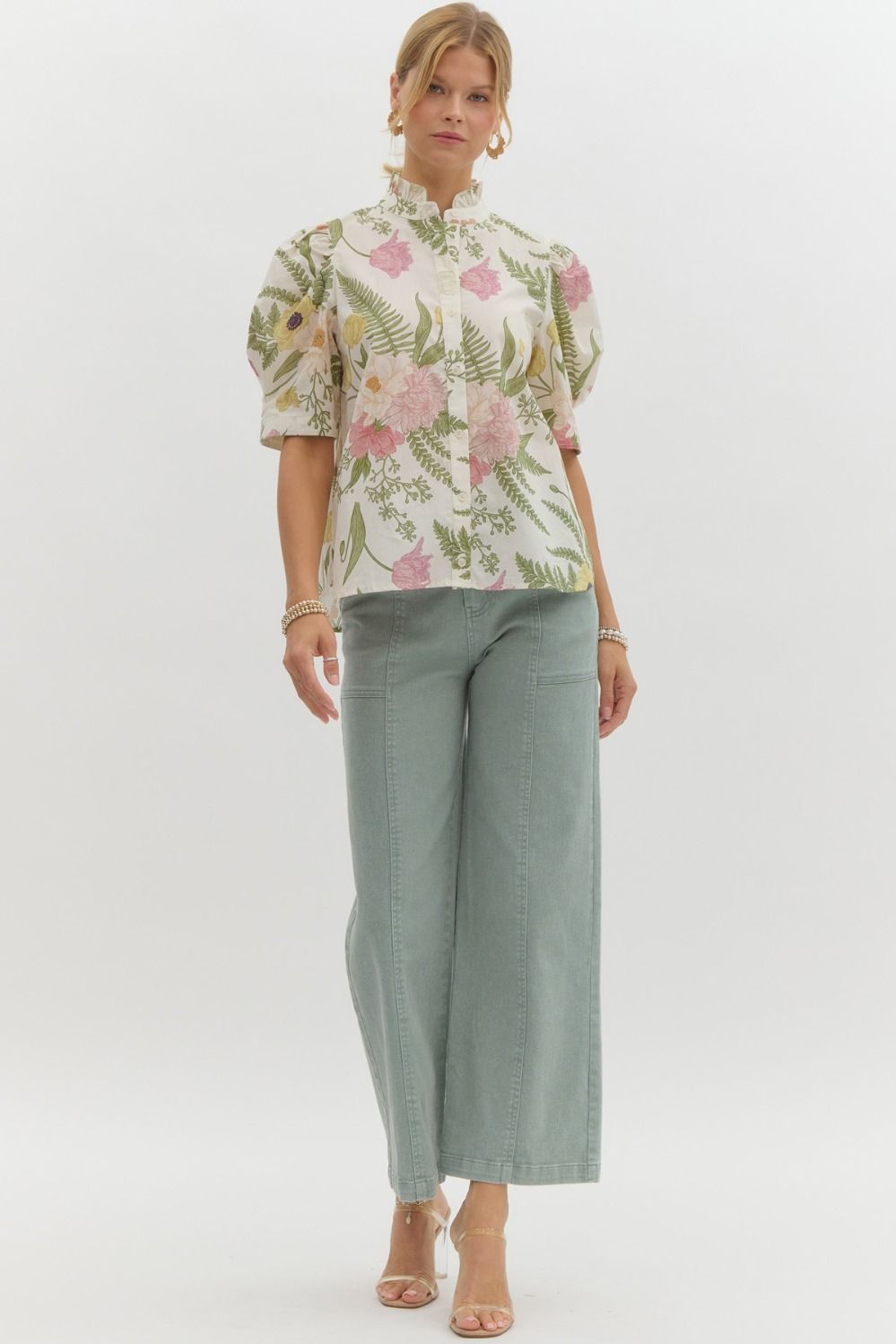 Emilia Floral Print Ruffled Neck Button-Down Blouse