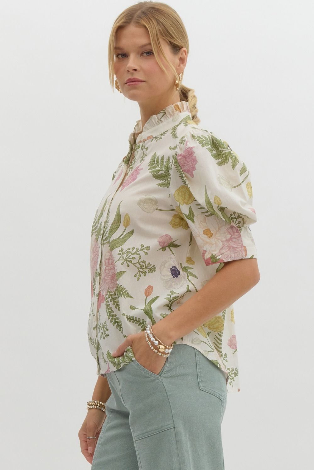 Emilia Floral Print Ruffled Neck Button-Down Blouse