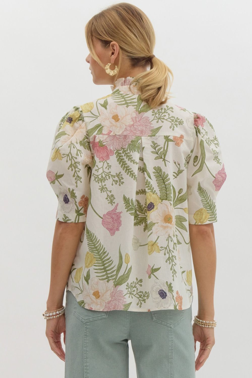 Emilia Floral Print Ruffled Neck Button-Down Blouse
