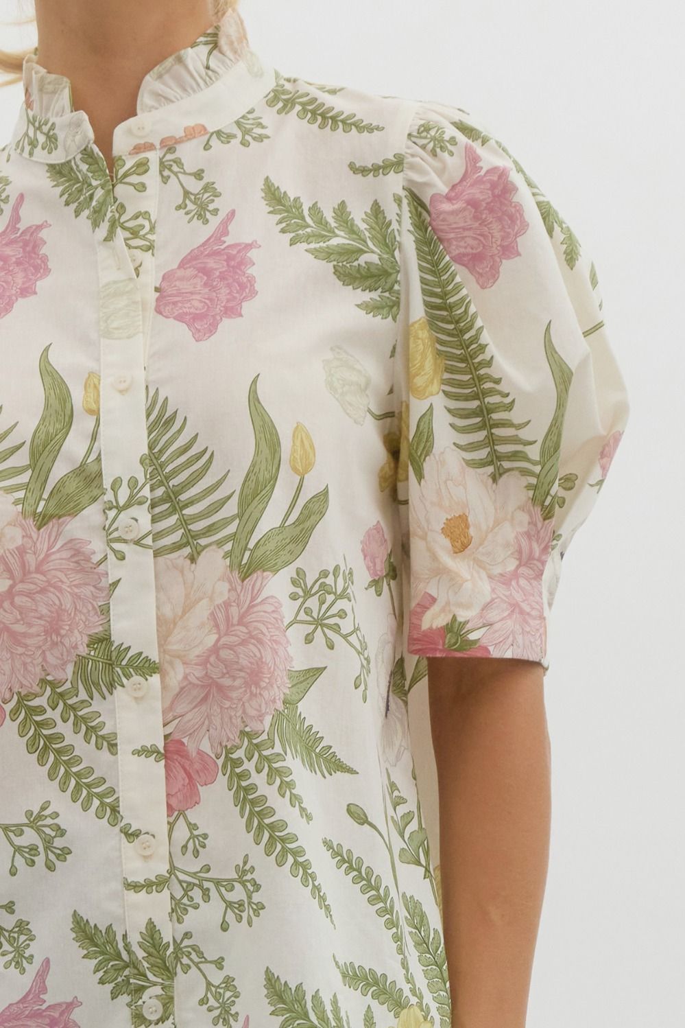 Emilia Floral Print Ruffled Neck Button-Down Blouse