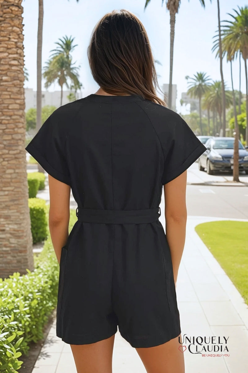 Ava Linen Blend Button-Down Romper | Uniquely Claudia