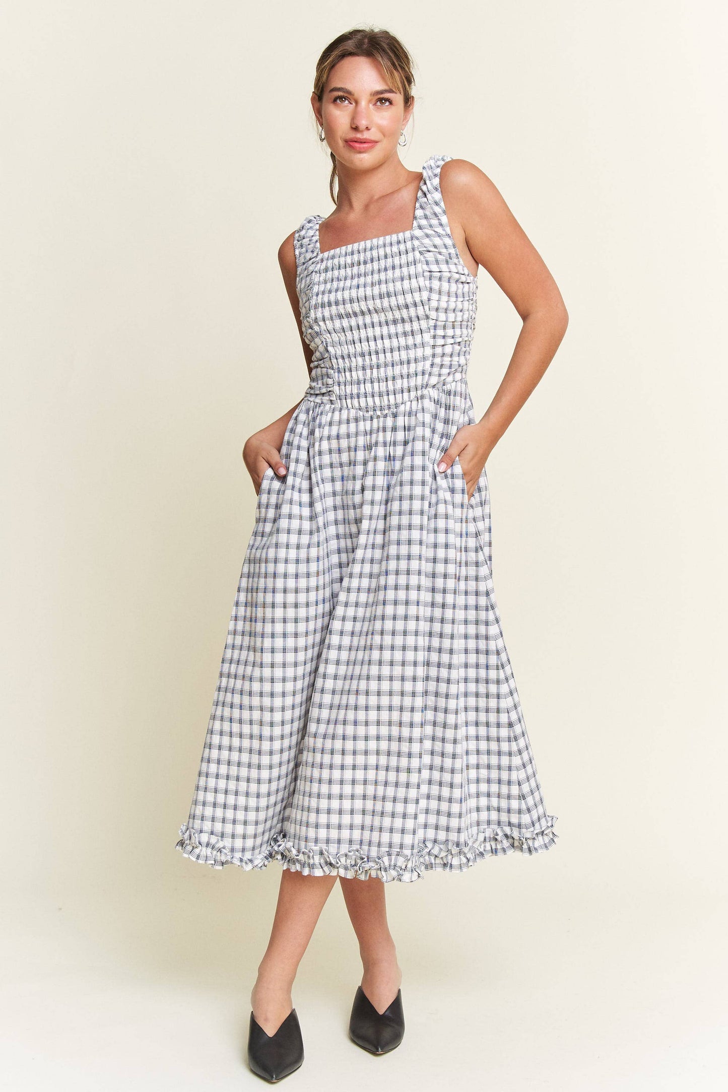 Savannah Checkered Smocked Midi Dress | Uniquely Claudia