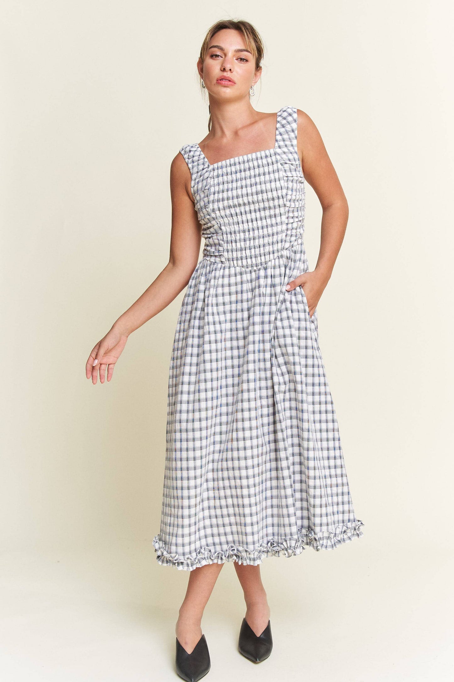 Savannah Checkered Smocked Midi Dress | Uniquely Claudia