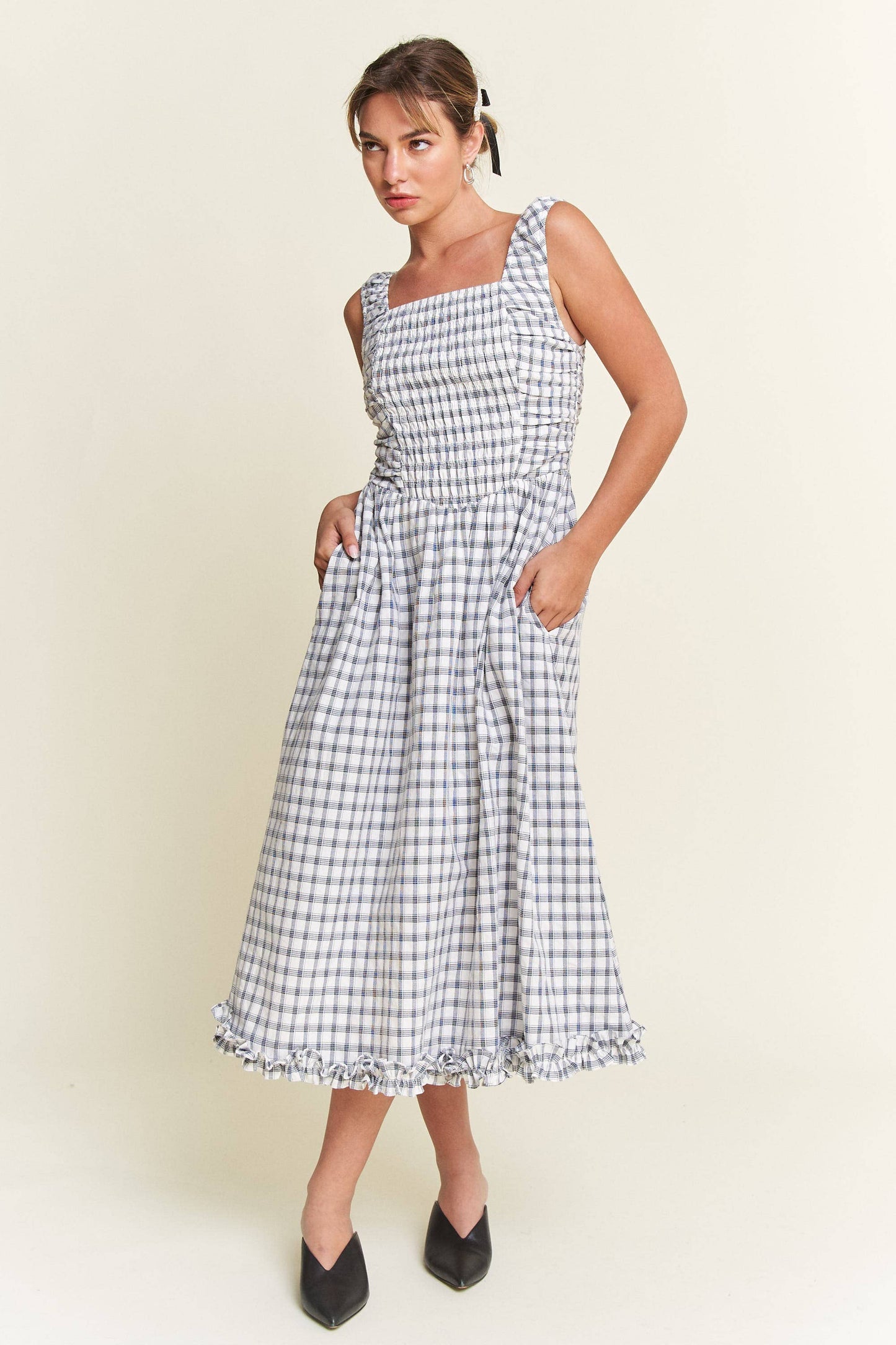 Savannah Checkered Smocked Midi Dress | Uniquely Claudia