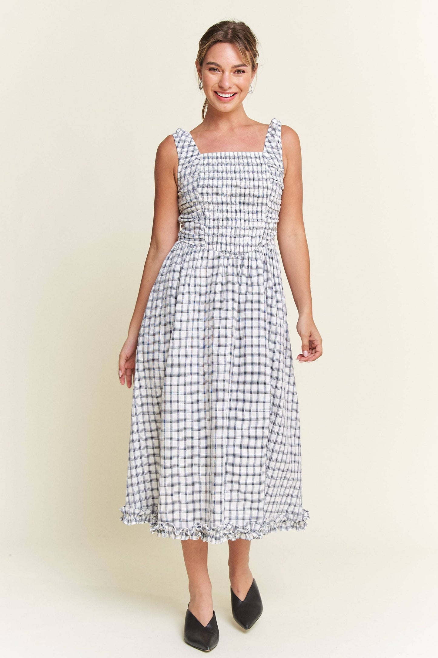 Savannah Checkered Smocked Midi Dress | Uniquely Claudia