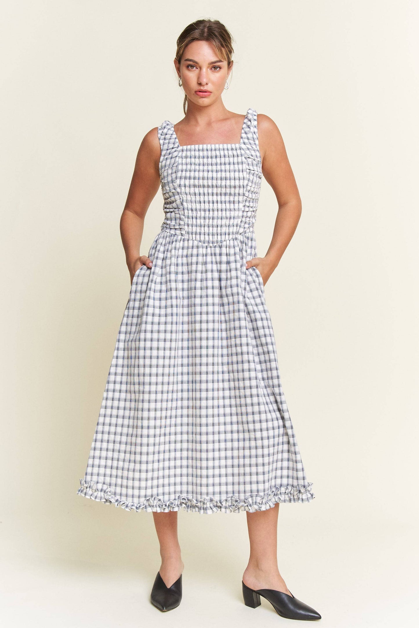 Savannah Checkered Smocked Midi Dress | Uniquely Claudia
