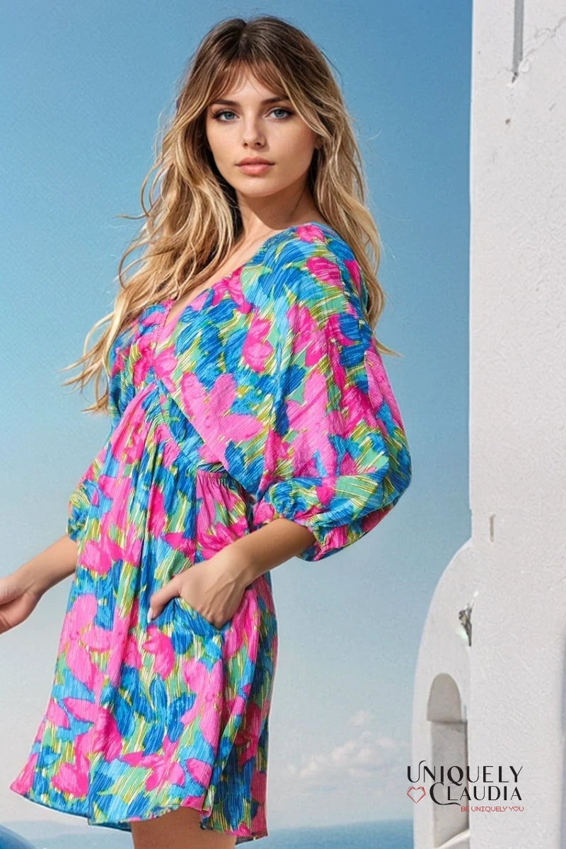 Erin Floral Printed V-Neck Mini Dress | Uniquely Claudia