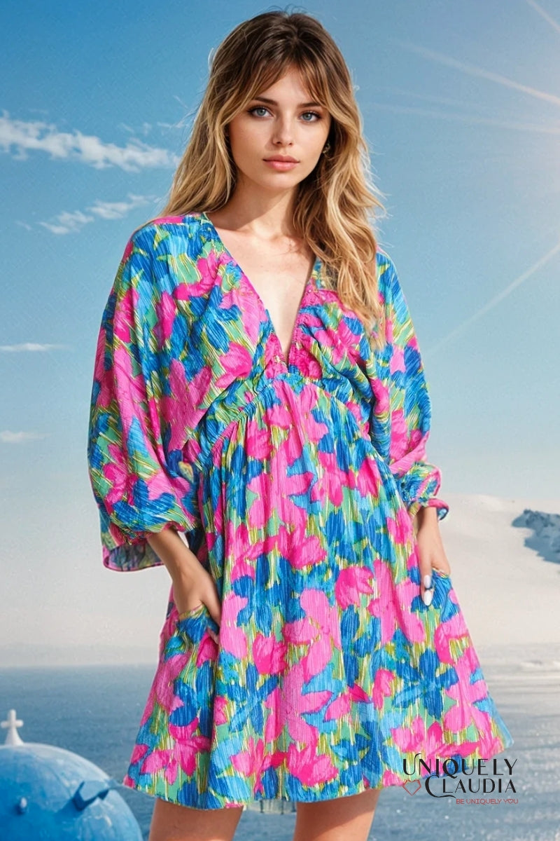Erin Floral Printed V-Neck Mini Dress | Uniquely Claudia