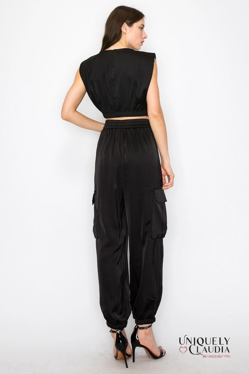 Sidney Satin Elastic Waist Cargo Pants | Uniquely Claudia Boutique