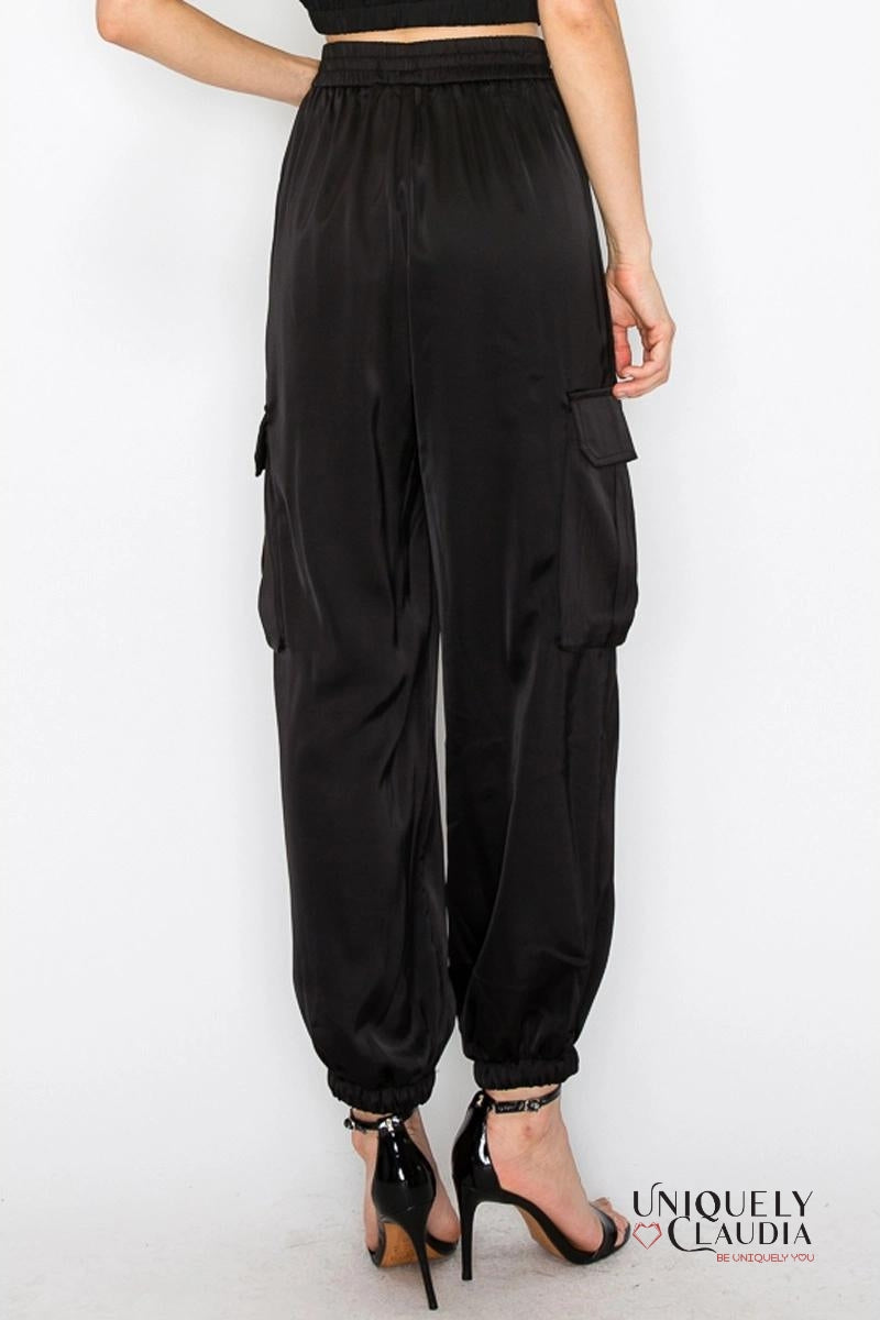 Sidney Satin Elastic Waist Cargo Pants | Uniquely Claudia Boutique