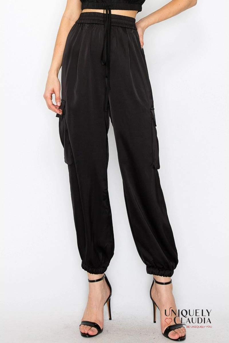 Sidney Satin Elastic Waist Cargo Pants | Uniquely Claudia Boutique