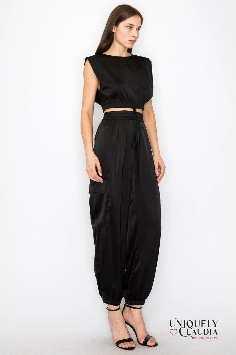 Sidney Satin Elastic Waist Cargo Pants | Uniquely Claudia Boutique