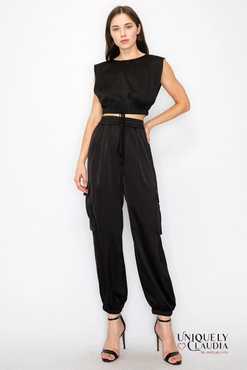 Sidney Satin Elastic Waist Cargo Pants | Uniquely Claudia Boutique