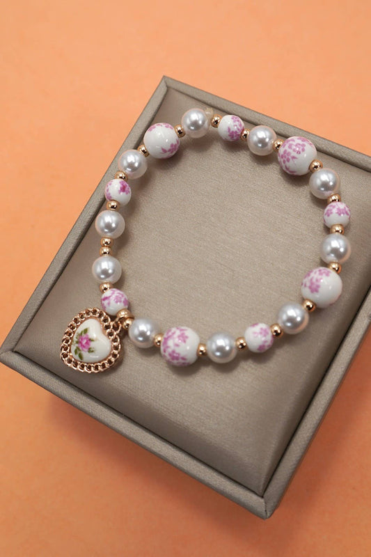 PINK CERAMIC PORCELAIN PEARL MIX HEART BRACELET |  Uniquely Claudia Boutique