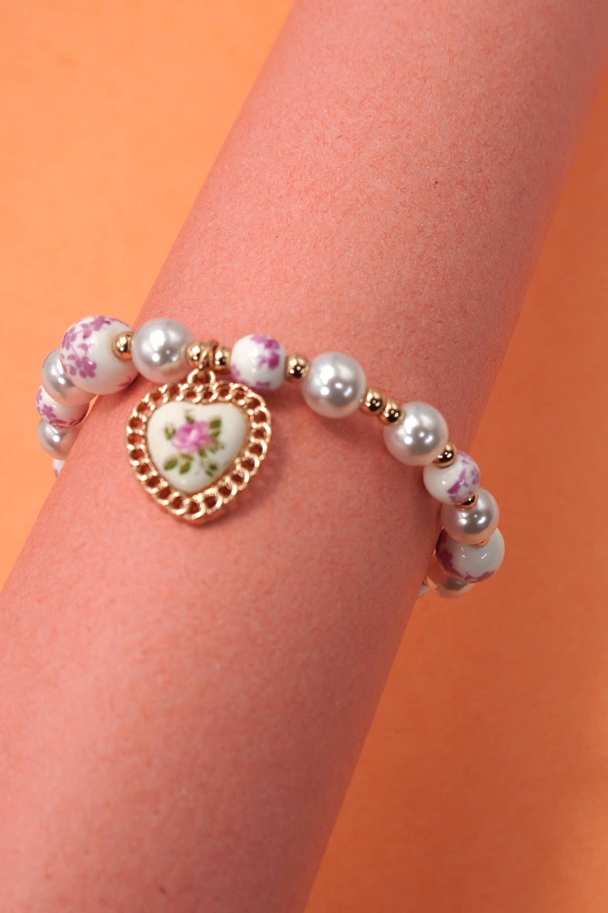 PINK CERAMIC PORCELAIN PEARL MIX HEART BRACELET | Uniquely Claudia Boutique