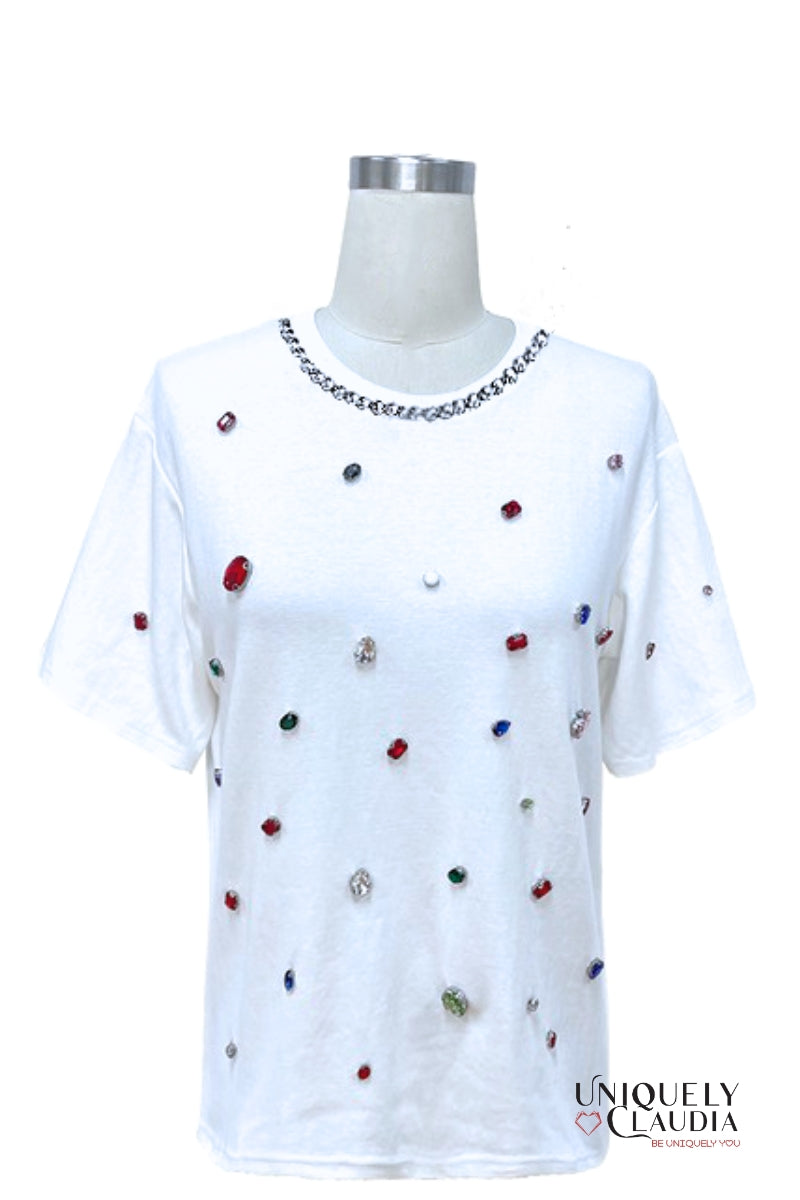 Crown Jewels Embellished Cotton Tee - Uniquely Claudia Boutique