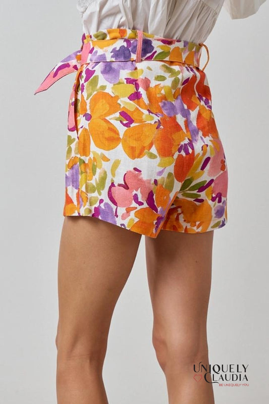 Alyssa Floral Print Linen Blend Belted Shorts - Uniquely Claudia Boutique