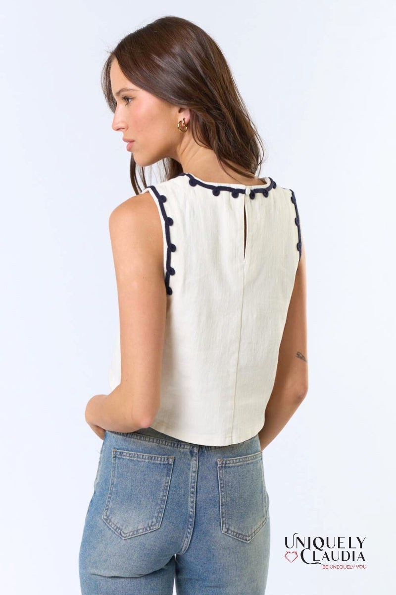 Elaine Detailed Ivory Denim Vest Top | Uniquely Claudia Boutique